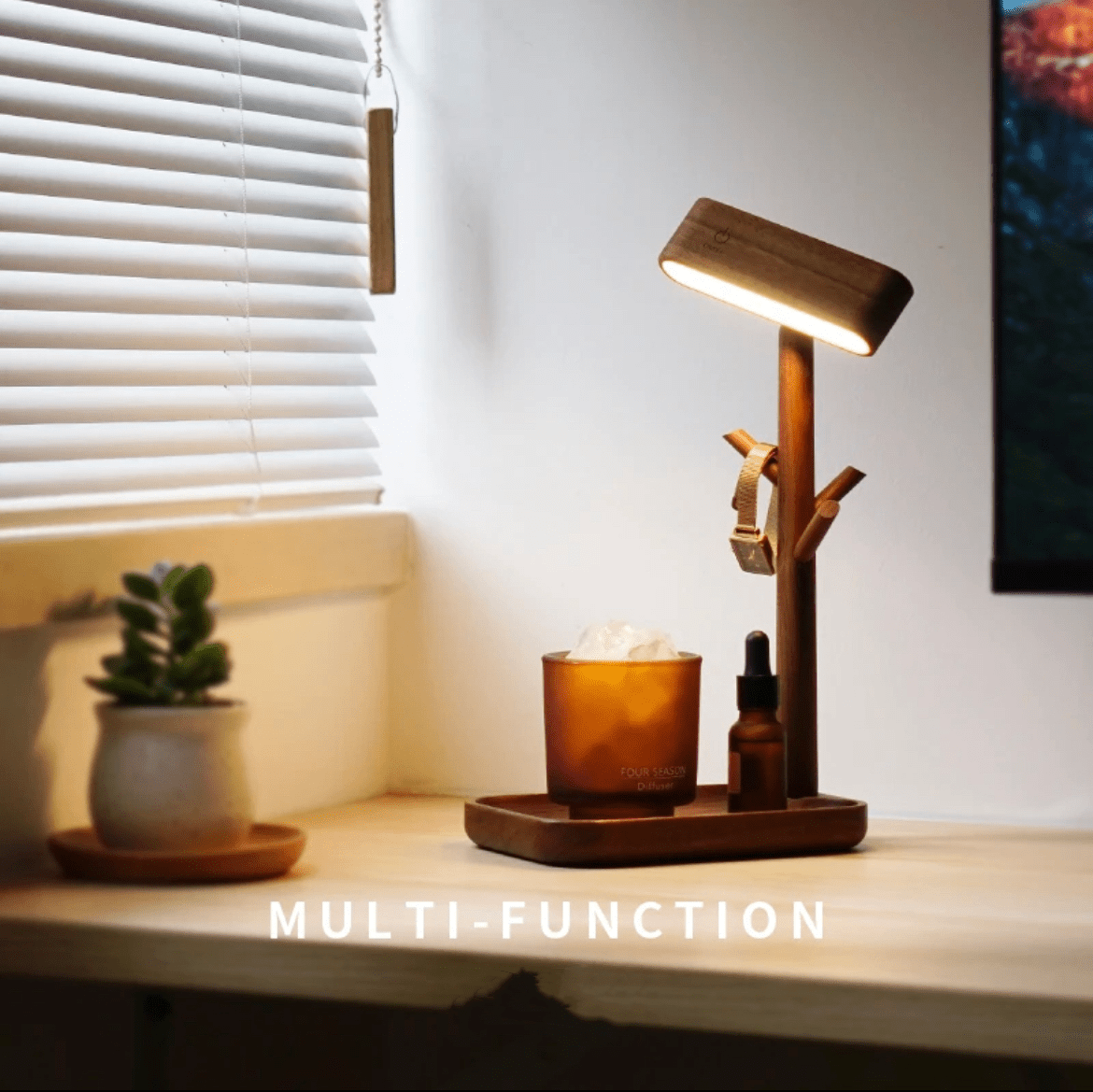 Multi-Functional Creative Walnut Desk Lamp, Small Items Storage Shelf, Study Desk Bedside Wall Lamp, Auto Memory Brightness, Eye-Care - EaseWoo