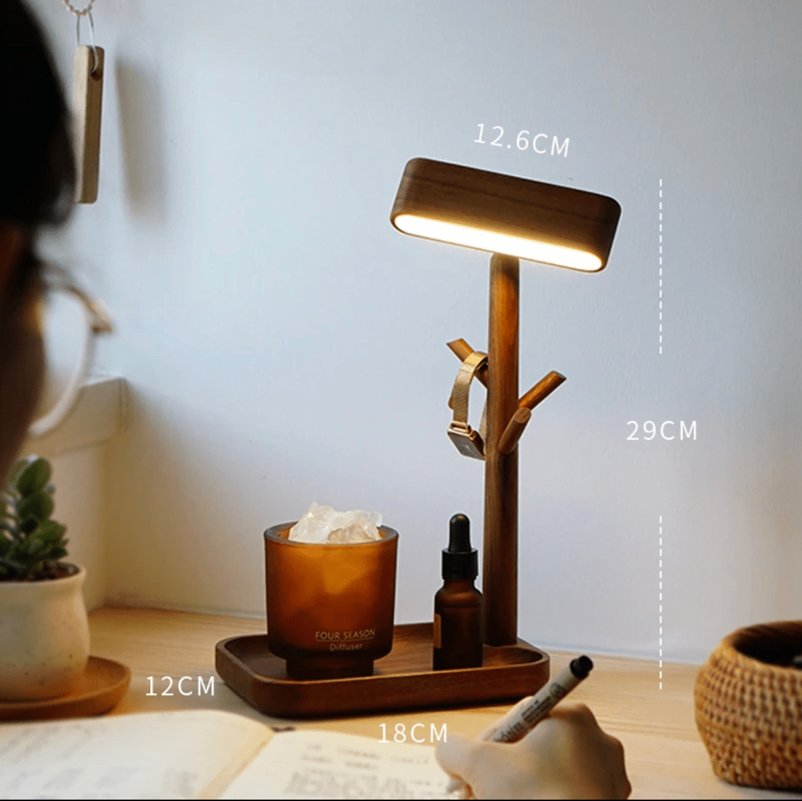 Multi-Functional Creative Walnut Desk Lamp, Small Items Storage Shelf, Study Desk Bedside Wall Lamp, Auto Memory Brightness, Eye-Care - EaseWoo