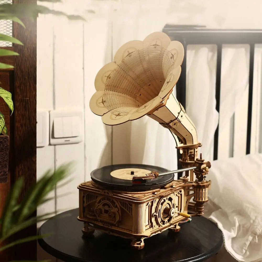 Robotime Hand Crank Classic Gramophone with Music 1:1 424pcs Wooden Model Building Kits Gift for Children Adult LKB01 Home Decor - EaseWoo