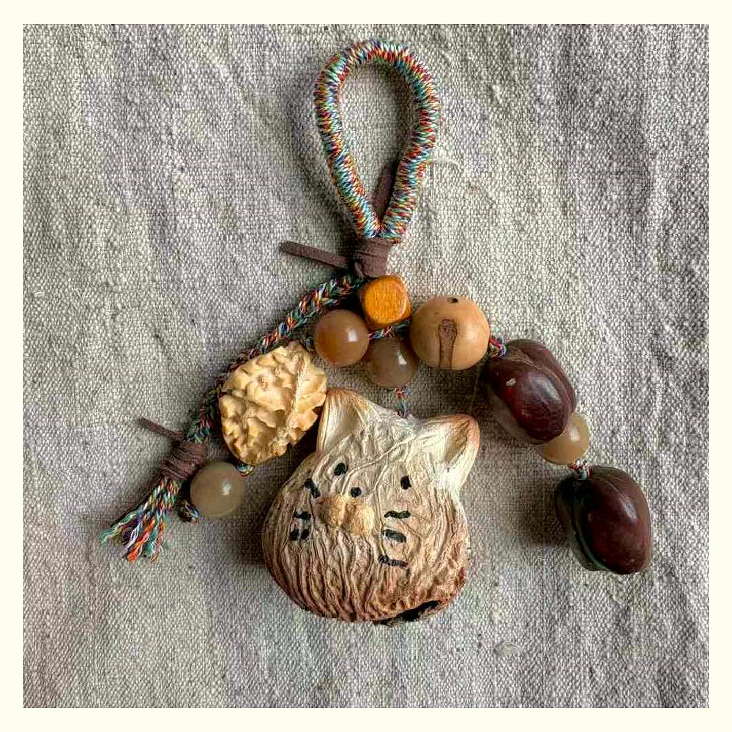 Cat & Mouse Natural Shell Rattle Keychain Charm - B Cat
