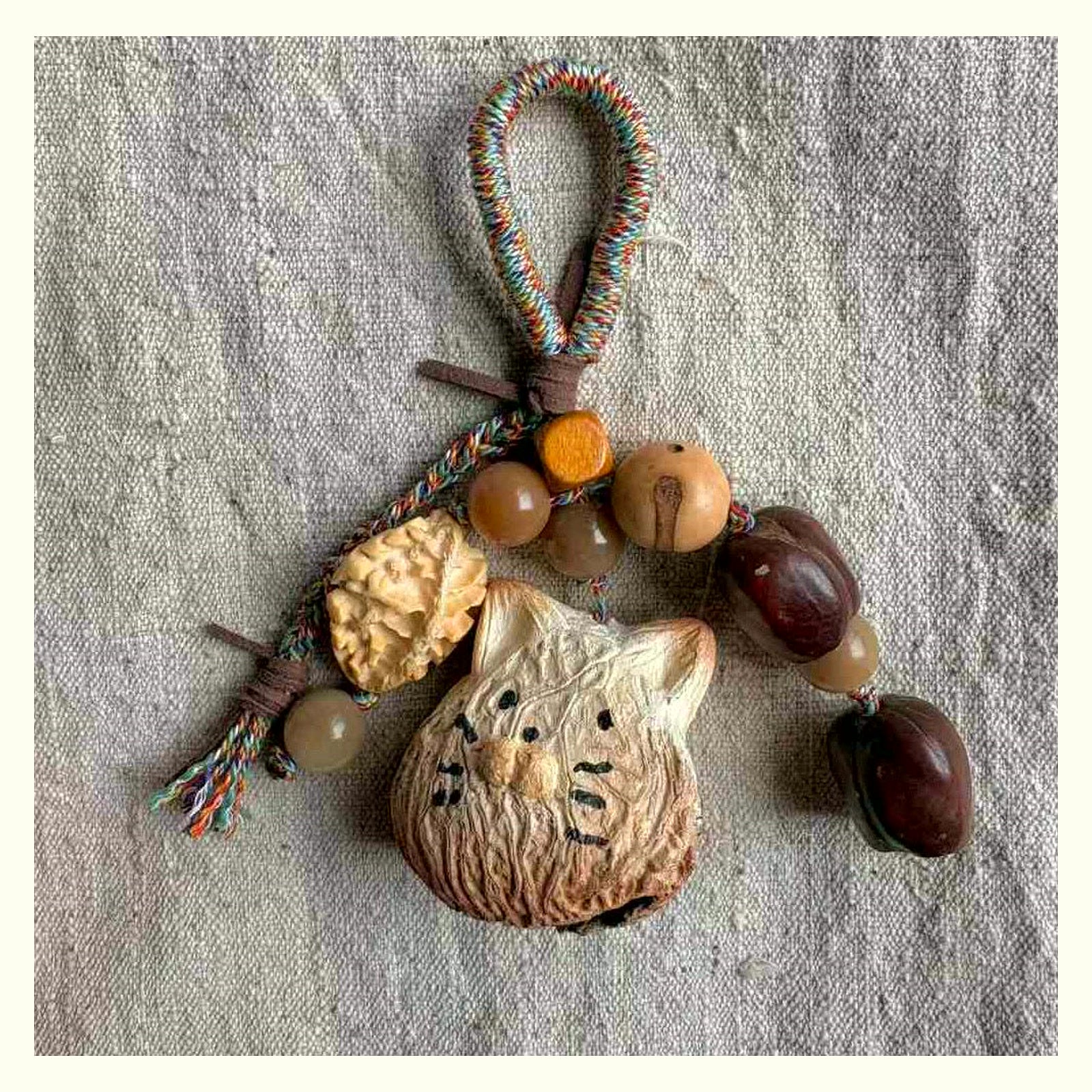 Cat & Mouse Natural Shell Rattle Keychain Charm - B Cat