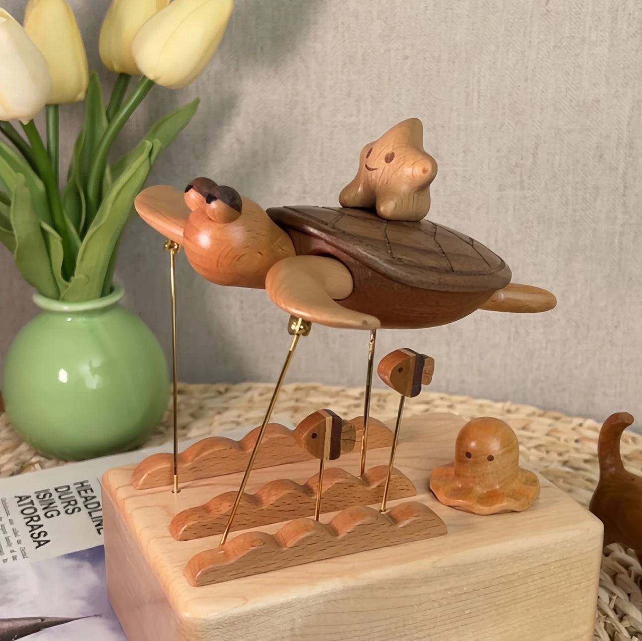 Original Ocean Series: Handcrafted Wooden Turtle Figurine in Constant Motion - EaseWoo