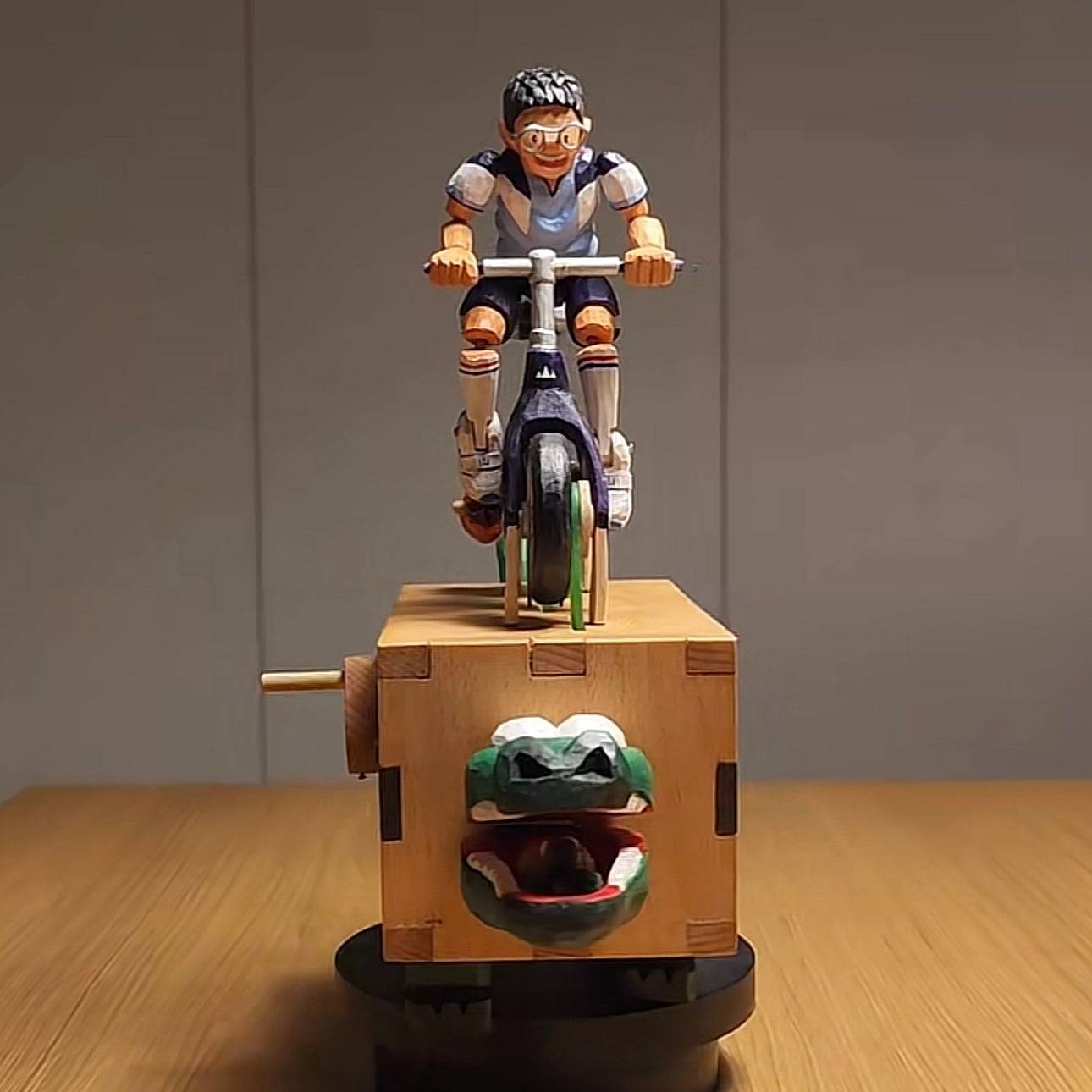 Wood Automata Little Boy Riding A Crocodile Bicycle