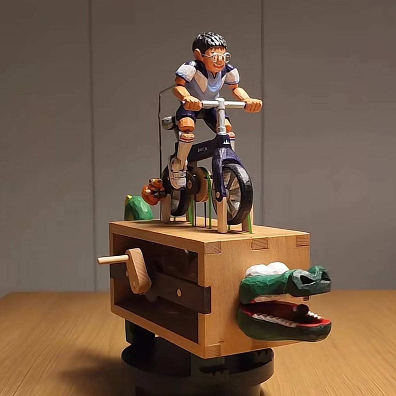 Wood Automata Little Boy Riding A Crocodile Bicycle