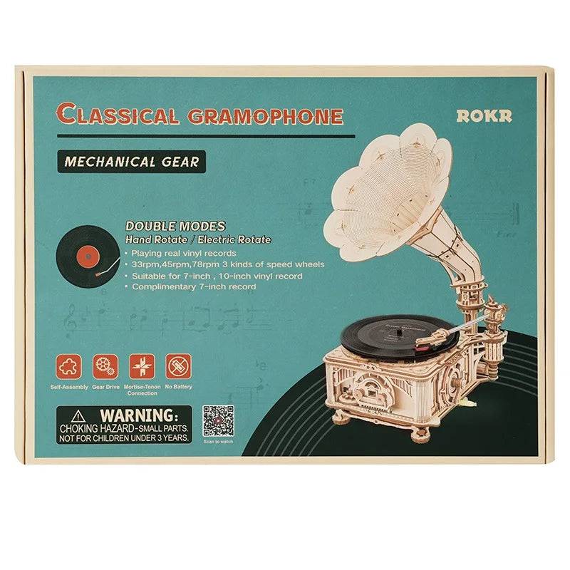 Robotime Hand Crank Classic Gramophone with Music 1:1 424pcs Wooden Model Building Kits Gift for Children Adult LKB01 Home Decor - EaseWoo