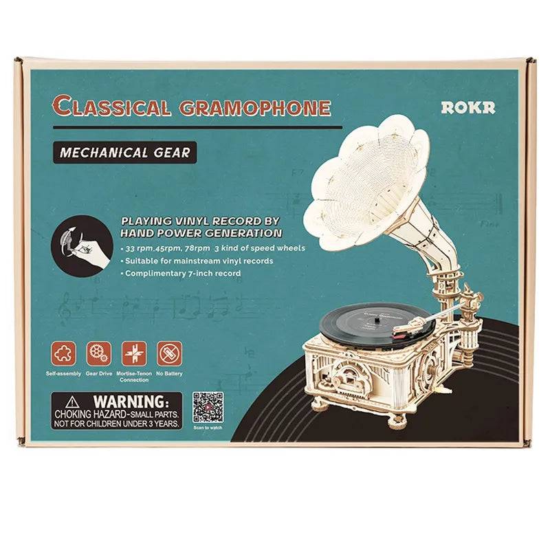 Robotime Hand Crank Classic Gramophone with Music 1:1 424pcs Wooden Model Building Kits Gift for Children Adult LKB01 Home Decor - EaseWoo
