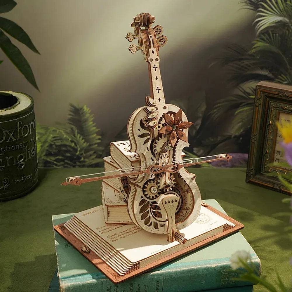 Robotime ROKR 3D Wooden Puzzle Magic Cello Mechanical Music Box Moveable Stem Funny Creative Toys for Child Girls AMK63