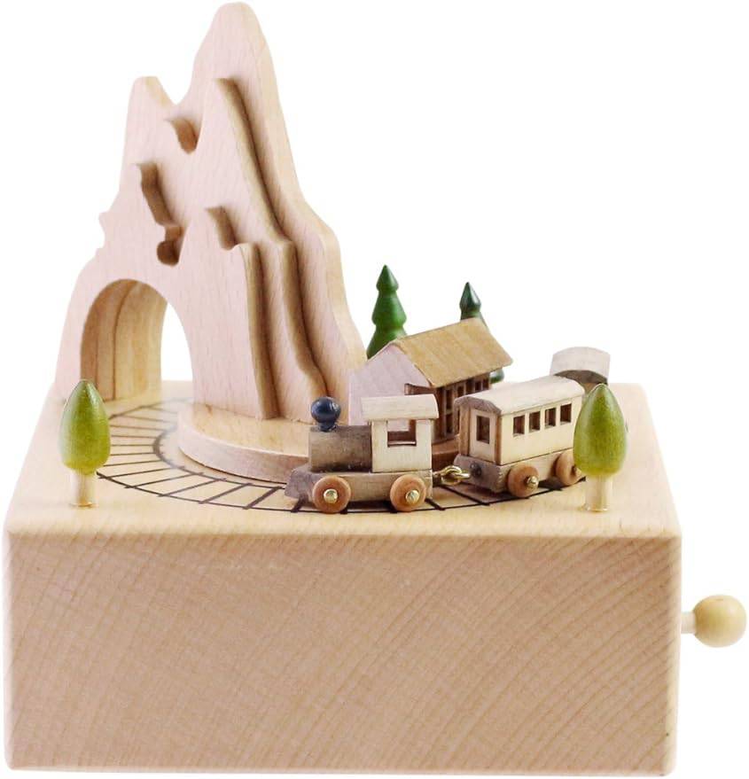 Wooden Musical Box Featuring Mountain Tunnel with Small Moving Magnetic Train | Plays "Canon In D" - EaseWoo