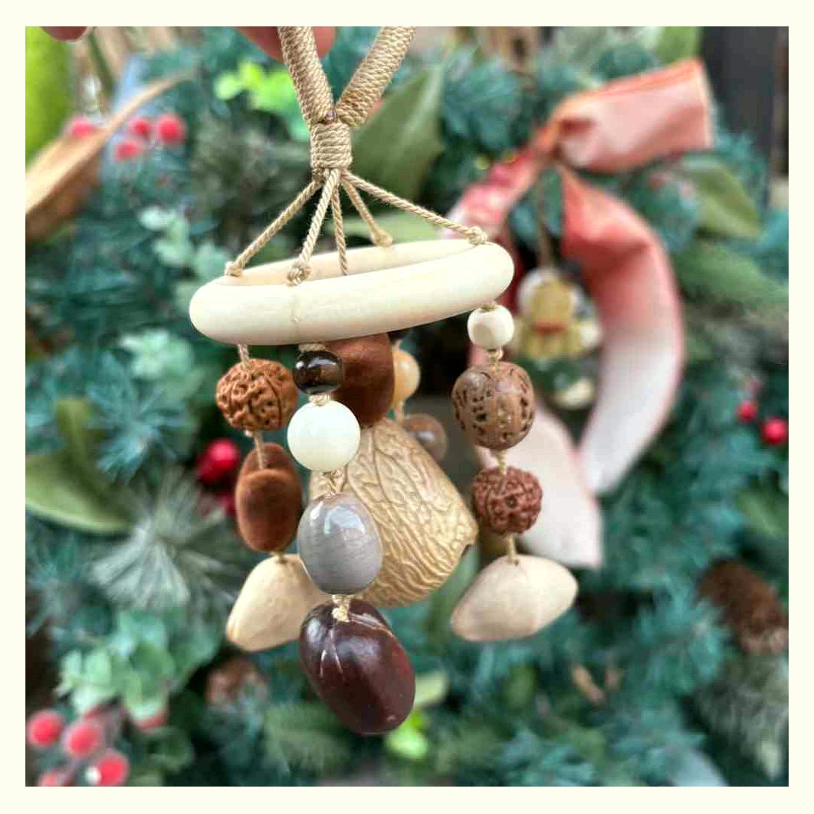 Cottagecore Charm Trio Bundle — Bear Charm, Mini Christmas Shell Rattle, Music Bean Botanical Charm